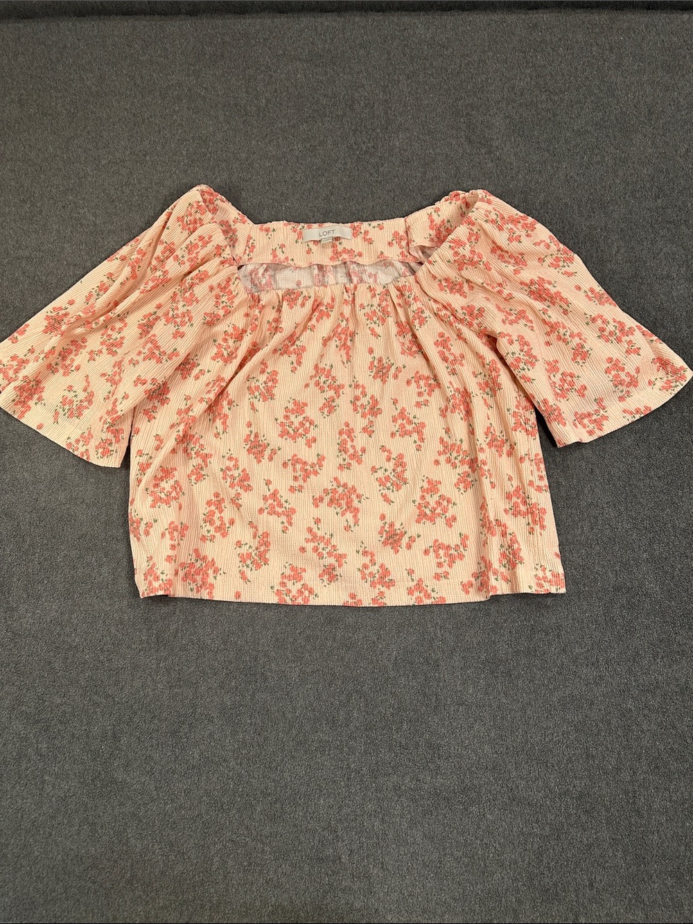 LOFT Peach Floral Square Neck Puff Sleeve Blouse (L)